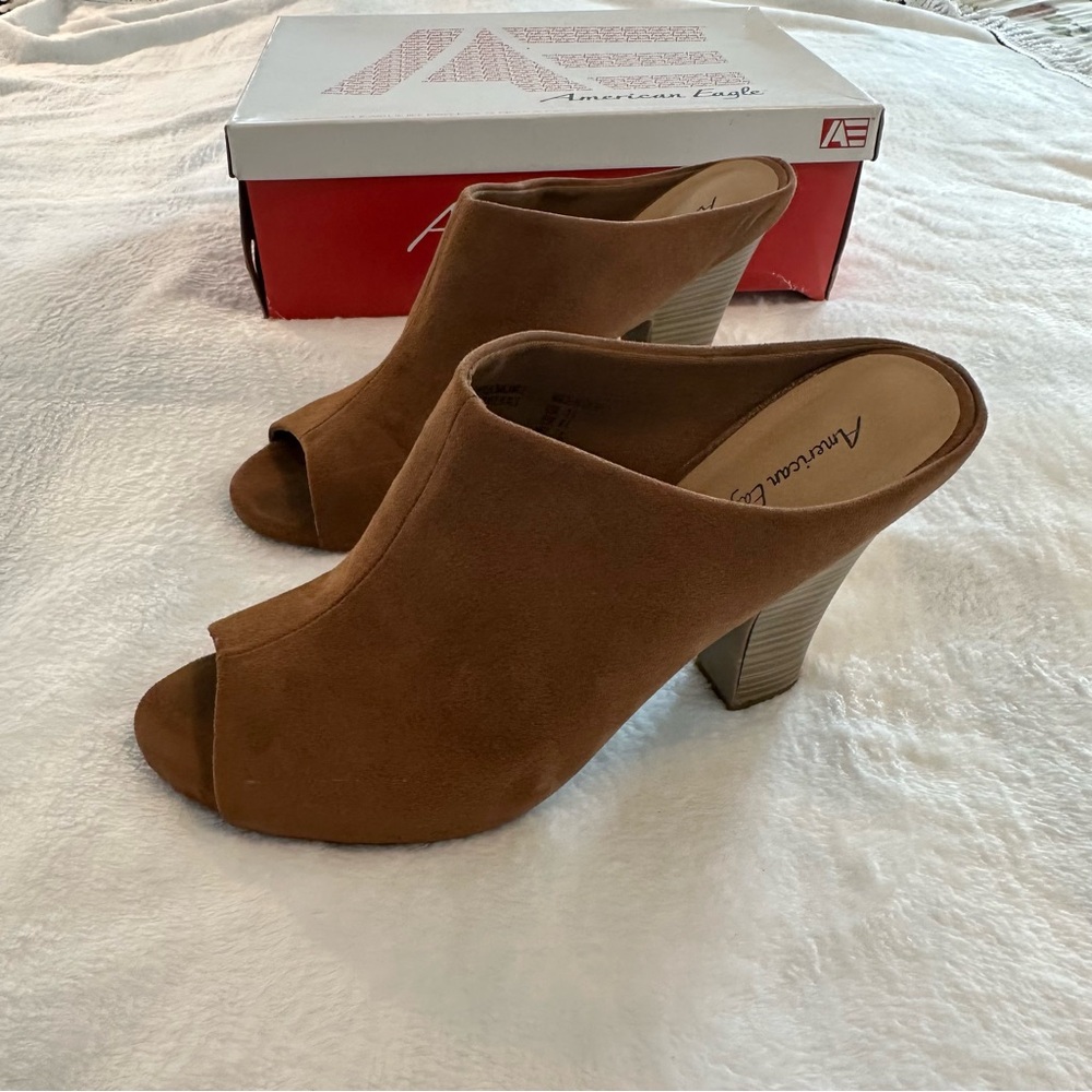 American Eagle Brown Suede Peep Toe Mules, women’s size 11